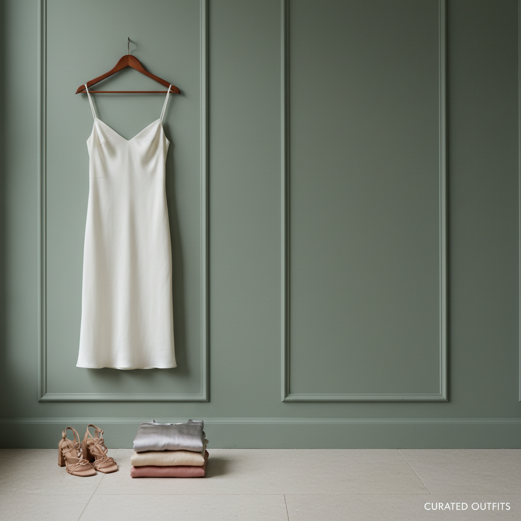 A refined dressing-room scene with a single ivory slip dress hanging on a slim walnut hanger against a muted sage paneled wall, inspired by Wimbledon whites. Below, a pair of nude block-heel sandals with delicate straps rests on a pale stone floor, next to a small stack of neatly folded dresses in soft tones of dove grey, champagne, and dusty rose, each with subtle textures like silk, linen, and crepe. Soft overcast window light enters from the left, creating a gentle gradient across the wall and floor with barely-there shadows. The camera is positioned at eye level with a slightly off-center, rule-of-thirds framing, leaving negative space on one side for calm visual breathing room. The atmosphere is serene, polished, and minimalist, rendered in photographic realism to illustrate a “Dresses By Budget” or curated outfit section.