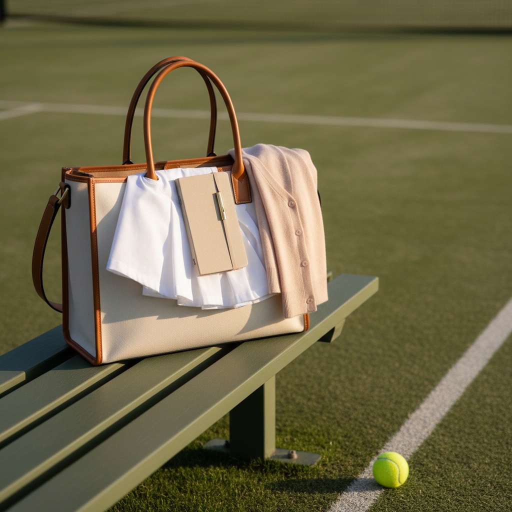 An elegant courtside vignette featuring a structured cream canvas tennis tote with tan leather handles resting on a muted green bench beside a grass-toned tennis court boundary line. The tote is partially open, revealing a neatly folded pleated white tennis skirt, a pale blush cashmere cardigan, and a slim beige notebook with a gold pen. A single tennis ball sits just outside the tote, hinting at play. Gentle late-afternoon natural light washes across the scene from the right, casting soft, elongated shadows and a subtle warm glow on the leather and metal accents. The background court surface is softly blurred using shallow depth of field, keeping the tote in crisp focus. Framed with a rule-of-thirds composition in a minimalist, photographic style, the mood is calm, elevated, and aspirational, ideal for a shopping or links landing section.