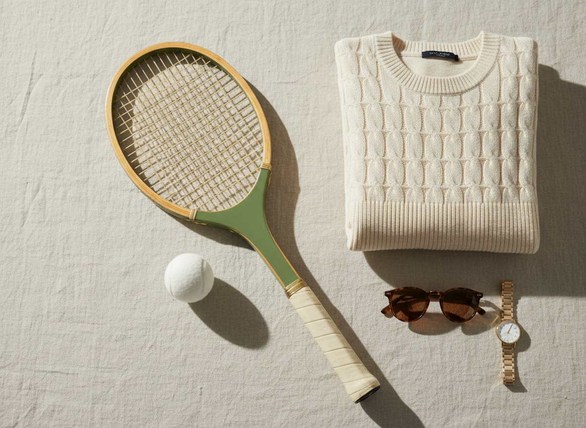 A meticulously arranged flat lay of Wimbledon-inspired tennis essentials on a soft ecru linen backdrop. At the center, a vintage grass-green tennis racket with a cream leather grip rests diagonally beside a pristine white tennis ball with subtle texture. Nearby, a folded ivory cable-knit sweater with refined ribbed cuffs, a neatly stacked pair of tortoiseshell sunglasses, and a slim gold watch with a brushed metal finish add understated luxury. Muted sage and champagne tones dominate the palette. Soft, diffused daylight from the left creates delicate shadows and gentle highlights on metal and fabric. Shot from a perfectly overhead, bird’s-eye view with shallow depth of field softening the edges, the composition feels minimalist, sophisticated, and editorial, embodying a classic, photographic realism suited for a chic tennis influencer homepage hero image.