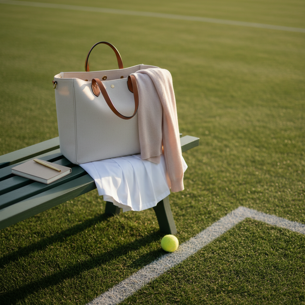 An elegant courtside vignette featuring a structured cream canvas tennis tote with tan leather handles resting on a muted green bench beside a grass-toned tennis court boundary line. The tote is partially open, revealing a neatly folded pleated white tennis skirt, a pale blush cashmere cardigan, and a slim beige notebook with a gold pen. A single tennis ball sits just outside the tote, hinting at play. Gentle late-afternoon natural light washes across the scene from the right, casting soft, elongated shadows and a subtle warm glow on the leather and metal accents. The background court surface is softly blurred using shallow depth of field, keeping the tote in crisp focus. Framed with a rule-of-thirds composition in a minimalist, photographic style, the mood is calm, elevated, and aspirational, ideal for a shopping or links landing section.