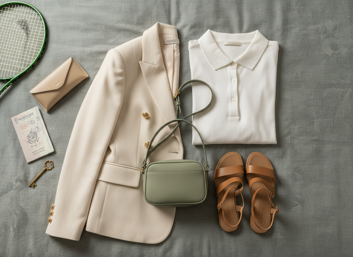 A sophisticated travel-flat-lay arranged over a muted stone-colored hotel bedspread, showcasing a tennis-influenced vacation capsule. A structured cream blazer with refined buttons is carefully laid out alongside a folded white polo dress with a subtle ribbed collar, a pair of tan leather sandals, and a small crossbody bag in soft sage. A passport with a pale neutral cover, a closed beige sunglasses case, and a vintage-style room key add travel context. In the corner, the edge of a grass-green tennis racket peeks into frame, tying back to sport. Soft morning light filters from a nearby window, creating gentle gradients and serene shadows. Shot from directly overhead with balanced, asymmetrical framing and a minimalist, photographic aesthetic, the mood is relaxed yet polished—ideal for a “Travel” or curated packing guide section.