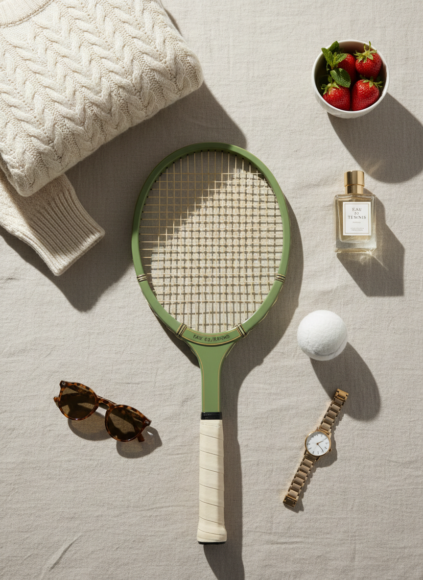 A meticulously arranged flat lay of Wimbledon-inspired tennis essentials on a soft ecru linen backdrop. At the center, a vintage grass-green tennis racket with a cream leather grip rests diagonally beside a pristine white tennis ball with subtle texture. Nearby, a folded ivory cable-knit sweater with refined ribbed cuffs, a neatly stacked pair of tortoiseshell sunglasses, and a slim gold watch with a brushed metal finish add understated luxury. Muted sage and champagne tones dominate the palette. Soft, diffused daylight from the left creates delicate shadows and gentle highlights on metal and fabric. Shot from a perfectly overhead, bird’s-eye view with shallow depth of field softening the edges, the composition feels minimalist, sophisticated, and editorial, embodying a classic, photographic realism suited for a chic tennis influencer homepage hero image.