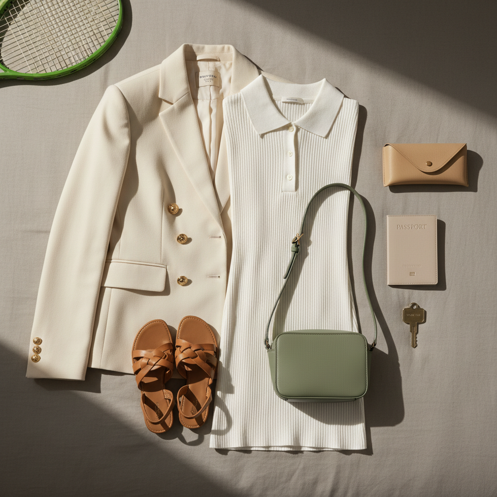 A sophisticated travel-flat-lay arranged over a muted stone-colored hotel bedspread, showcasing a tennis-influenced vacation capsule. A structured cream blazer with refined buttons is carefully laid out alongside a folded white polo dress with a subtle ribbed collar, a pair of tan leather sandals, and a small crossbody bag in soft sage. A passport with a pale neutral cover, a closed beige sunglasses case, and a vintage-style room key add travel context. In the corner, the edge of a grass-green tennis racket peeks into frame, tying back to sport. Soft morning light filters from a nearby window, creating gentle gradients and serene shadows. Shot from directly overhead with balanced, asymmetrical framing and a minimalist, photographic aesthetic, the mood is relaxed yet polished—ideal for a “Travel” or curated packing guide section.