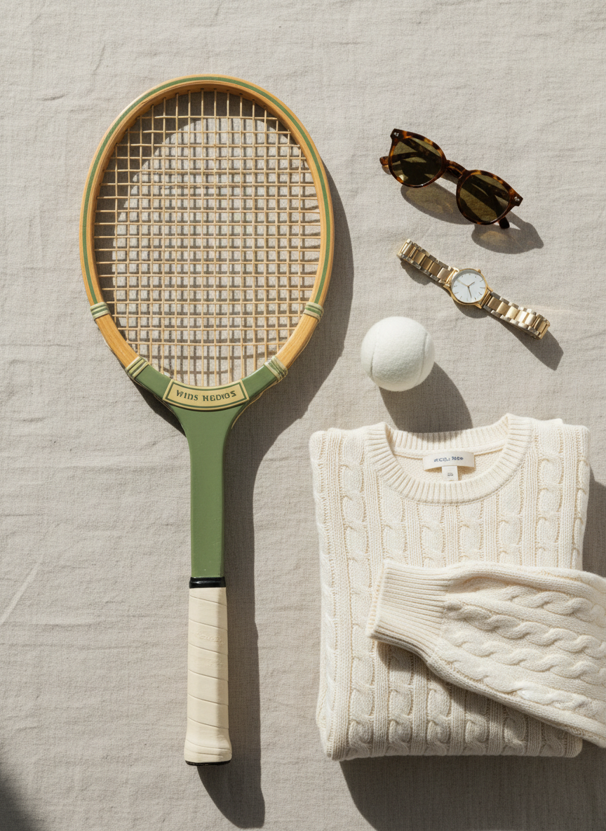 A meticulously arranged flat lay of Wimbledon-inspired tennis essentials on a soft ecru linen backdrop. At the center, a vintage grass-green tennis racket with a cream leather grip rests diagonally beside a pristine white tennis ball with subtle texture. Nearby, a folded ivory cable-knit sweater with refined ribbed cuffs, a neatly stacked pair of tortoiseshell sunglasses, and a slim gold watch with a brushed metal finish add understated luxury. Muted sage and champagne tones dominate the palette. Soft, diffused daylight from the left creates delicate shadows and gentle highlights on metal and fabric. Shot from a perfectly overhead, bird’s-eye view with shallow depth of field softening the edges, the composition feels minimalist, sophisticated, and editorial, embodying a classic, photographic realism suited for a chic tennis influencer homepage hero image.
