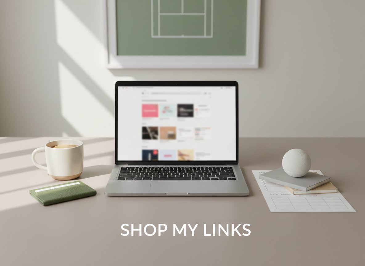 A curated desktop workspace designed for a stylish tennis influencer, featuring a slim silver laptop open on a pale taupe desk, its screen showing a blurred shopping interface. Beside it, an organized array of muted-toned accessories: a grass-green leather cardholder, a cream ceramic mug with a subtle gloss finish, a small stack of soft-cover notebooks in warm grey and sand, and a single tennis ball used as a paperweight atop neatly printed travel and shopping lists. The background includes a softly blurred glimpse of a framed minimalist tennis court illustration on the wall. Natural daylight filters in from an unseen window, creating soft, even illumination and gentle reflections on metal surfaces. Captured from a slightly elevated angle with a clean, centered composition and shallow depth of field, the image feels calm, modern, and efficient—perfect for a “Shopmy,” “Amazon,” or “rstyle/LTK links” section.